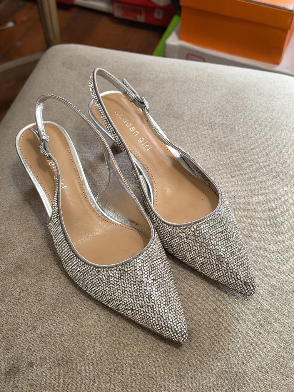 0Madden Girl Silver Crystal Pointed Slingback Kitten Heel